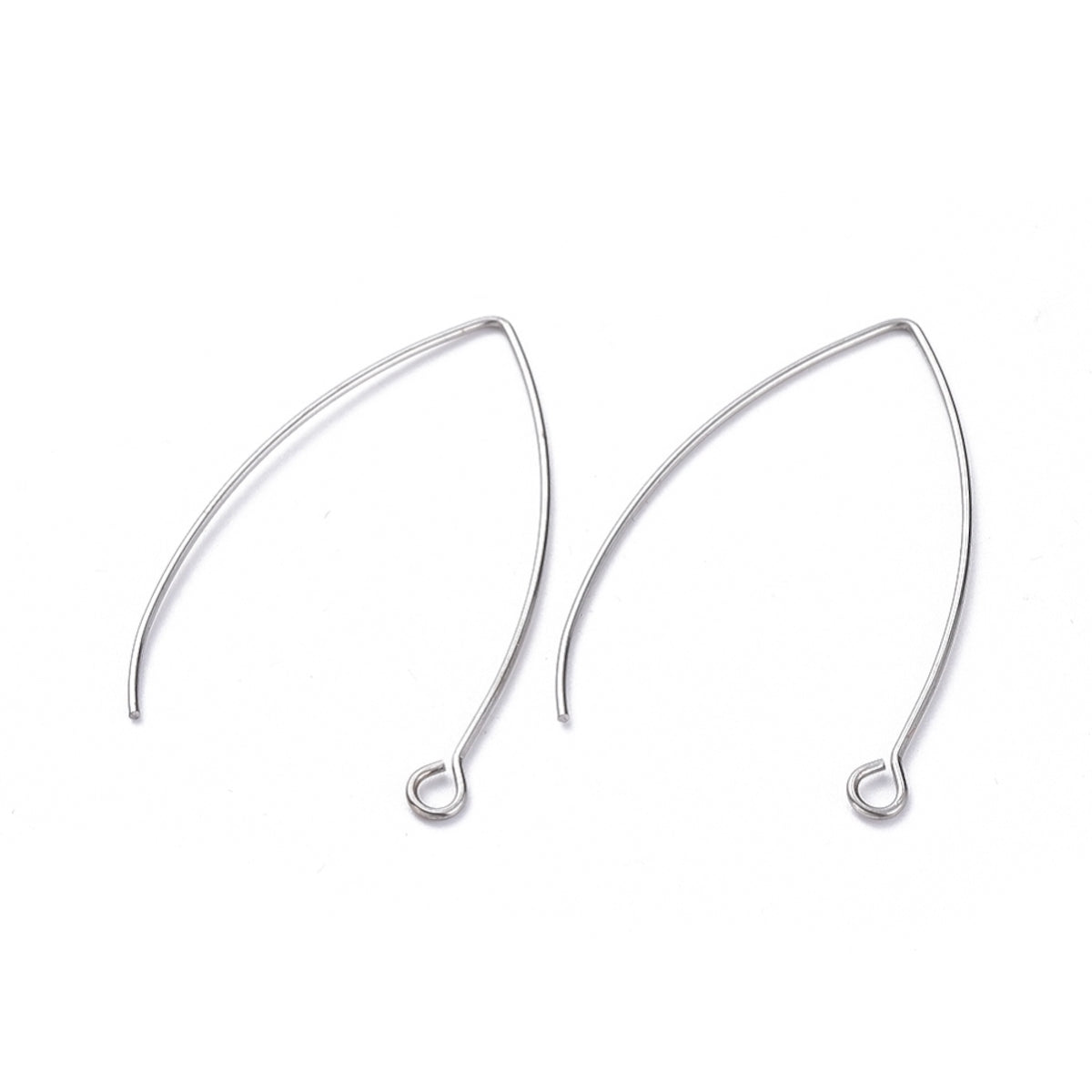 close up of a pair of large silver anti tarnish ear wires with a white background