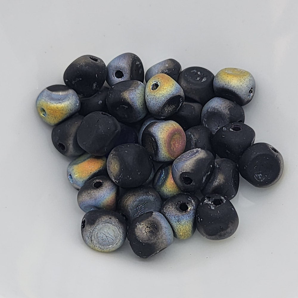 5x5mm Pinched Oval (250) - Black Opaque AB - Vintage Czech Glass Beads