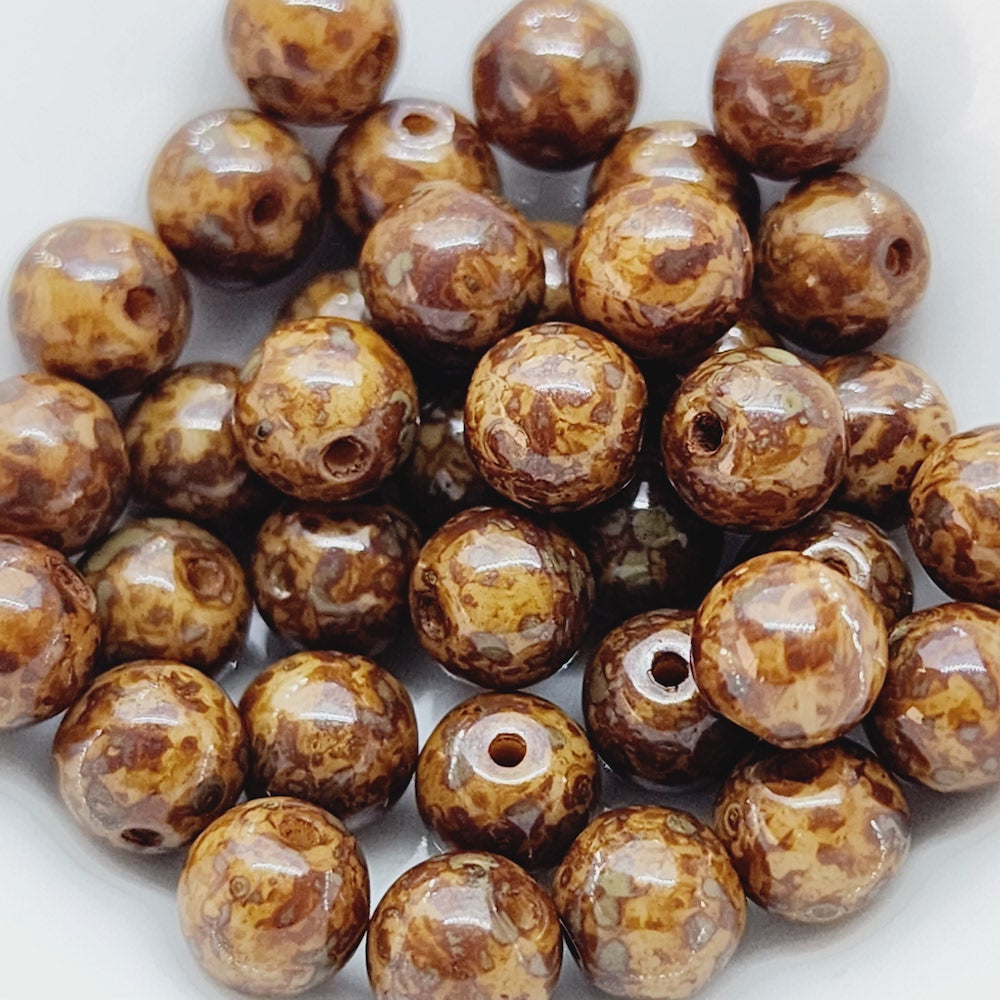 6mm Round (50) - Brown Picasso - Vintage Czech Glass Beads