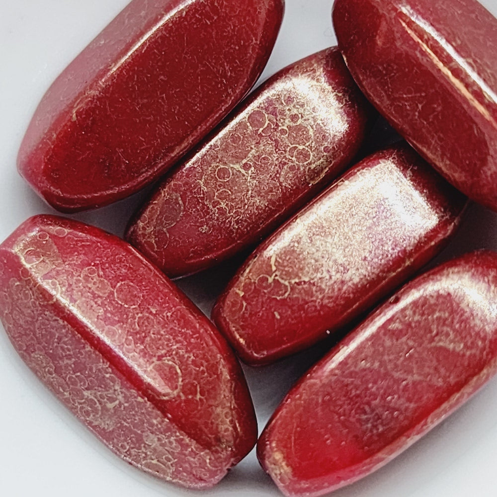 21x8mm Oval (10) - Red Opaque w. Gold Lustre & Crackle Finish - Vintage Czech Glass Beads