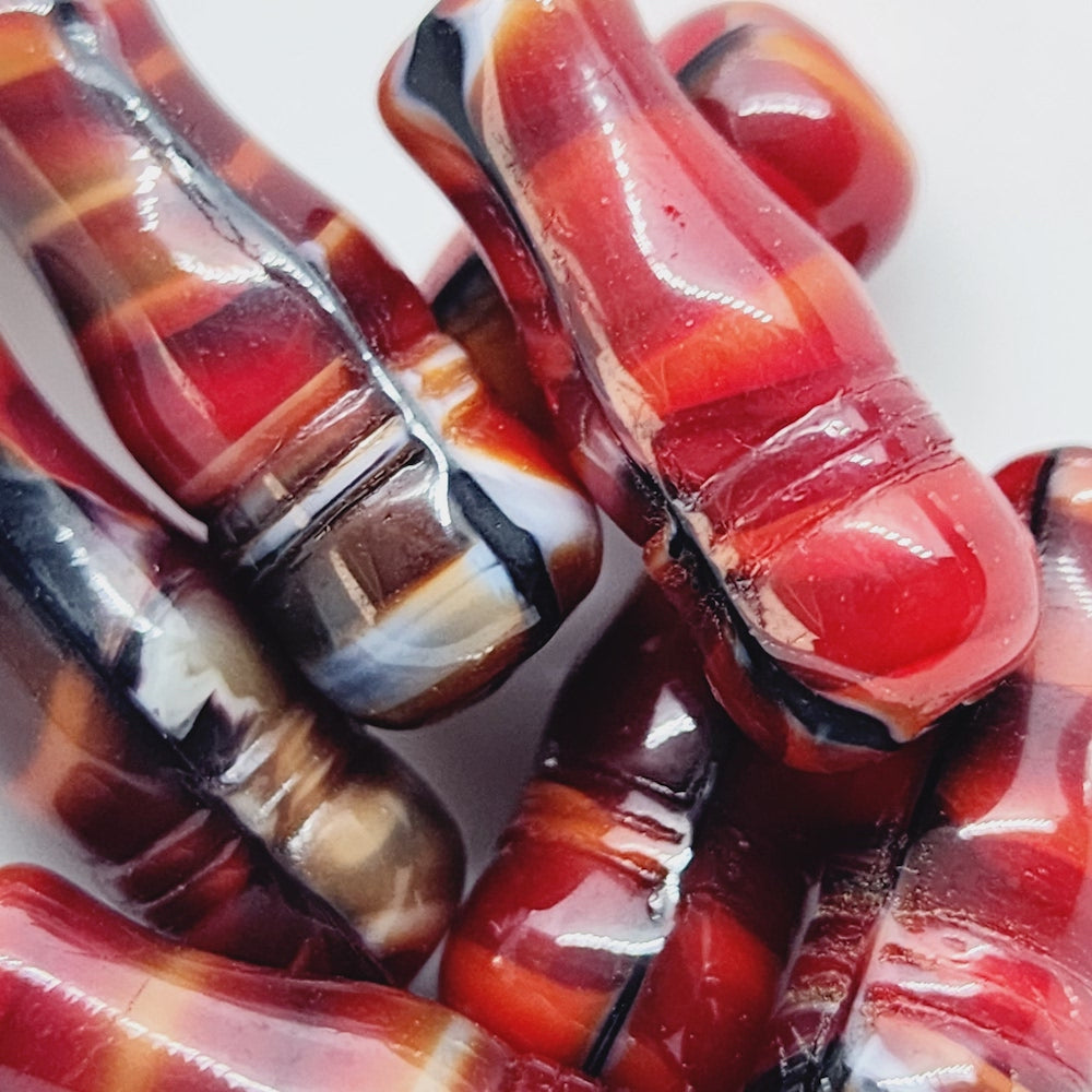 23x9mm Column Minaret (10) - Red Opaque w. Black Swirls - Vintage Czech Glass Beads