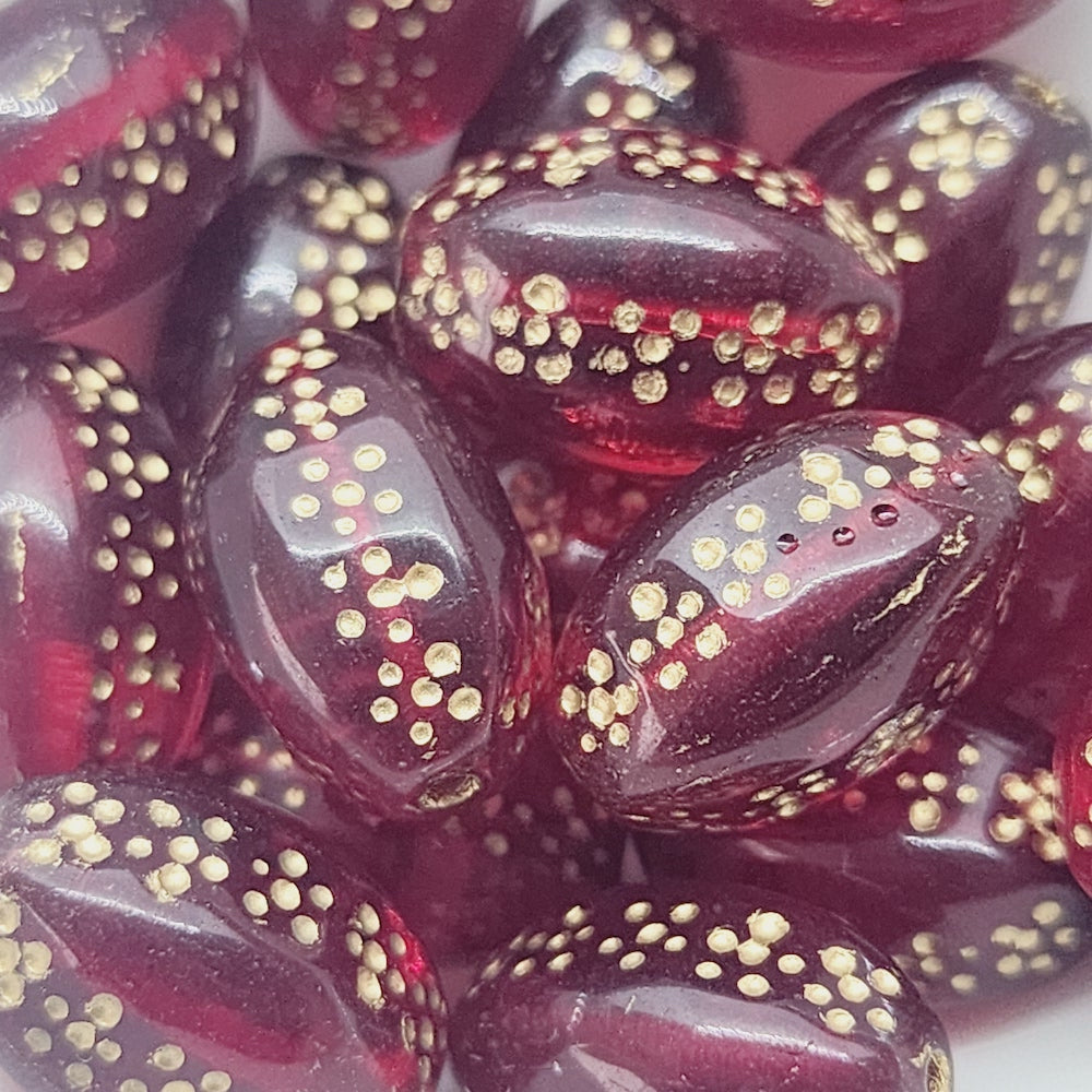 15x10mm Oval (10) - Red Transparent w. Gold - Vintage Czech Glass Beads