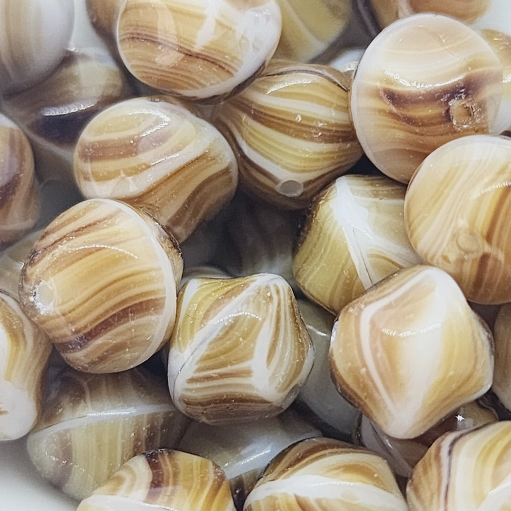 10mm Round 'Pinched" (10) - Opaque Caramel Stripes - Vintage Czech Glass Beads