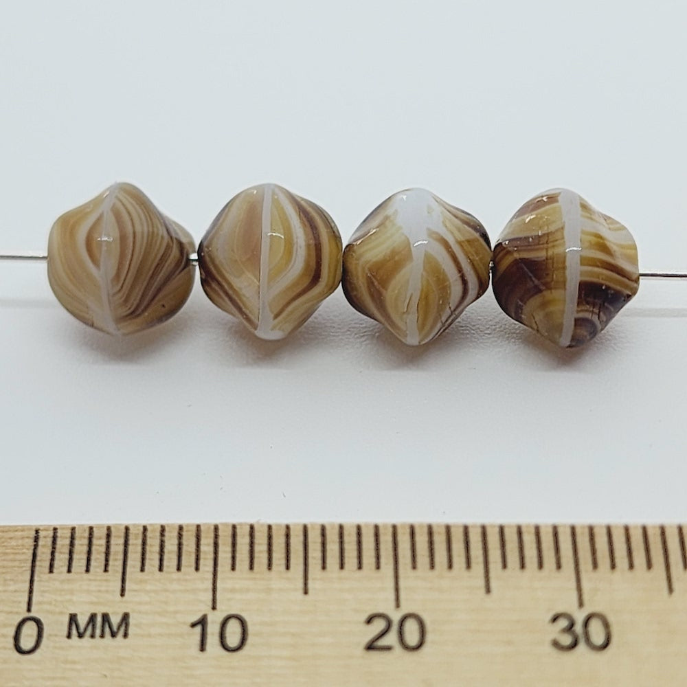 10mm Round 'Pinched" (10) - Opaque Caramel Stripes - Vintage Czech Glass Beads