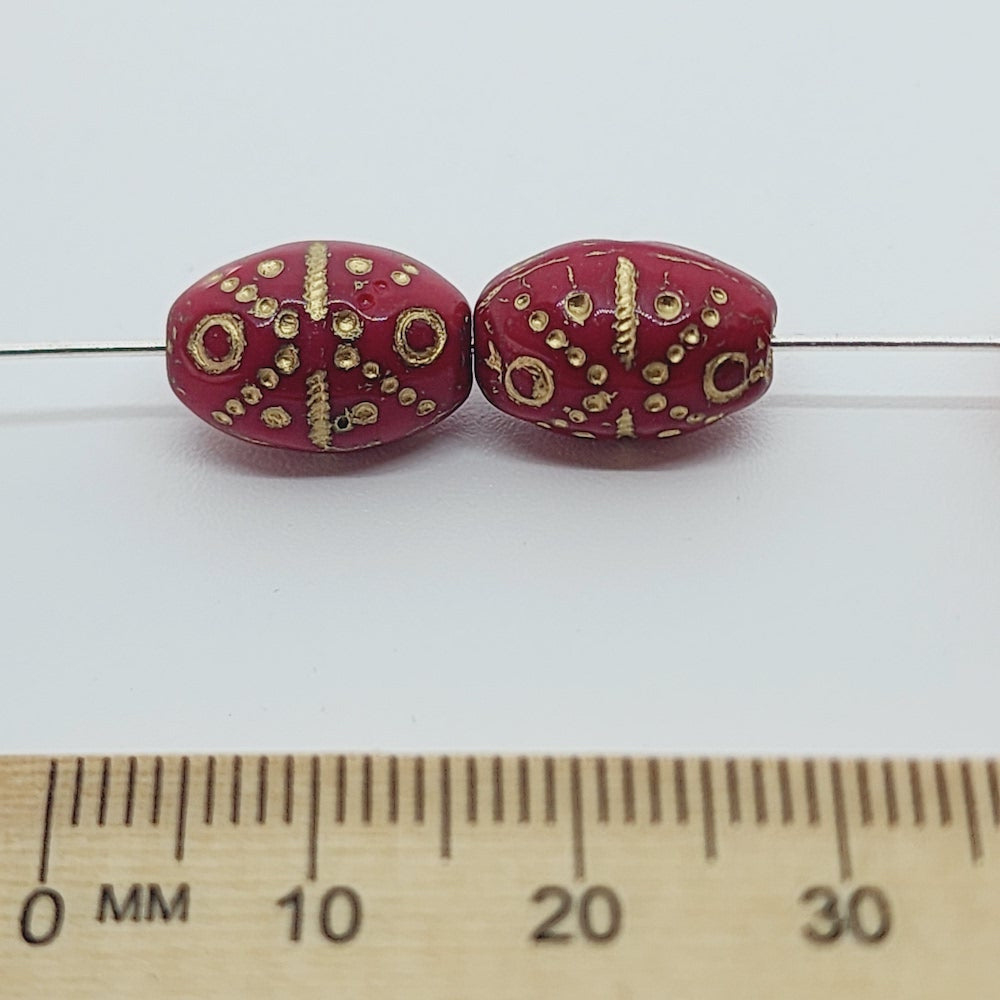 14x10mm Oval (10) - Red Opaque w. Gold - Vintage Czech Glass Beads