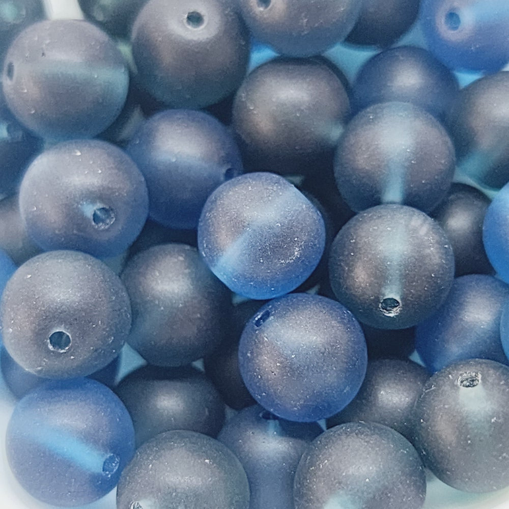 8mm Round (25) - Dark Indicolite Blue Frosted - Vintage Czech Glass Beads