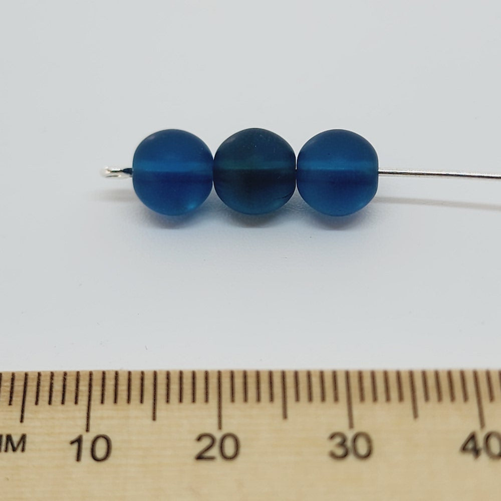 8mm Round (25) - Dark Indicolite Blue Frosted - Vintage Czech Glass Beads