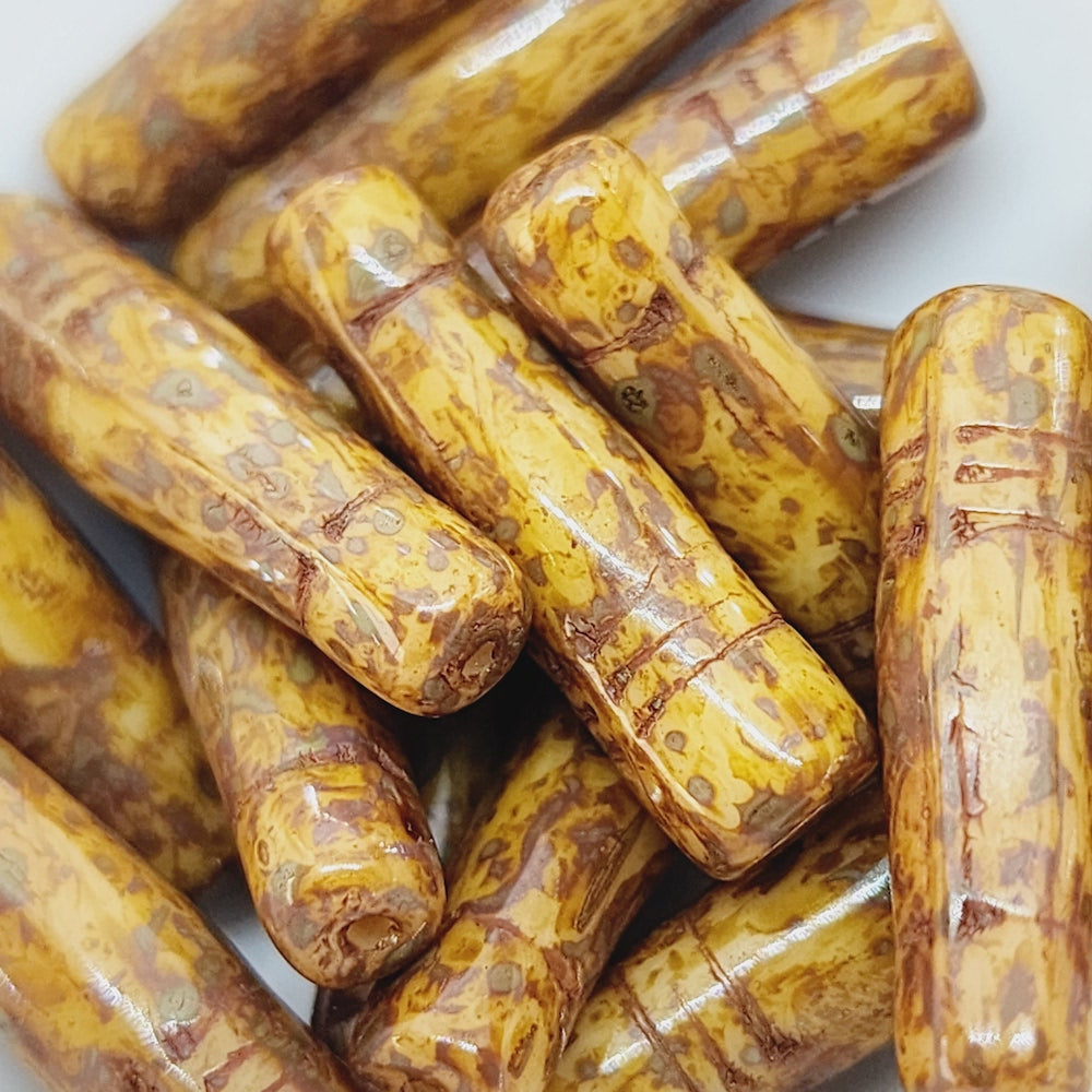 25x6mm Column Minaret (10) - Caramel w. Brown Picasso - Vintage Czech Glass Beads