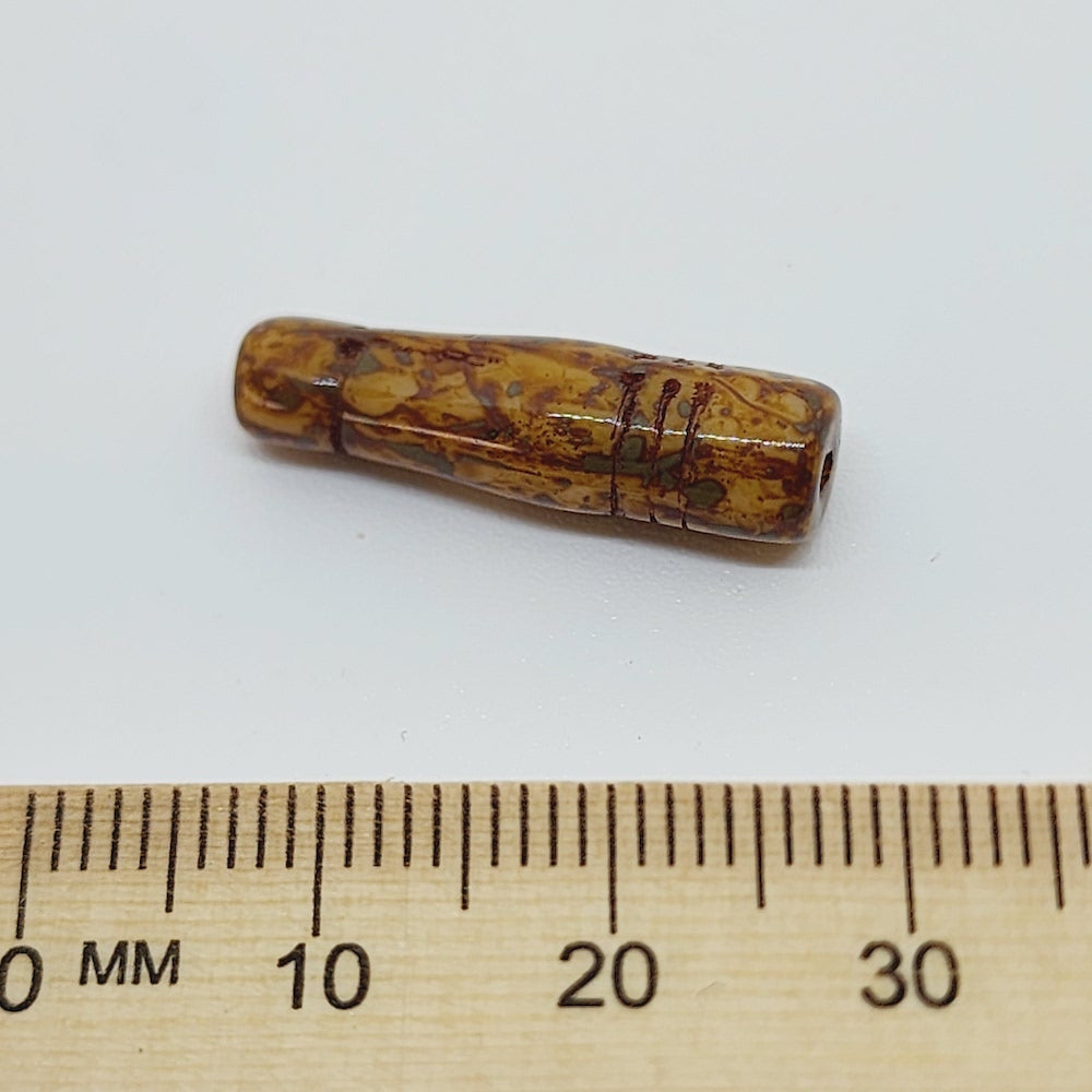 25x6mm Column Minaret (10) - Caramel w. Brown Picasso - Vintage Czech Glass Beads
