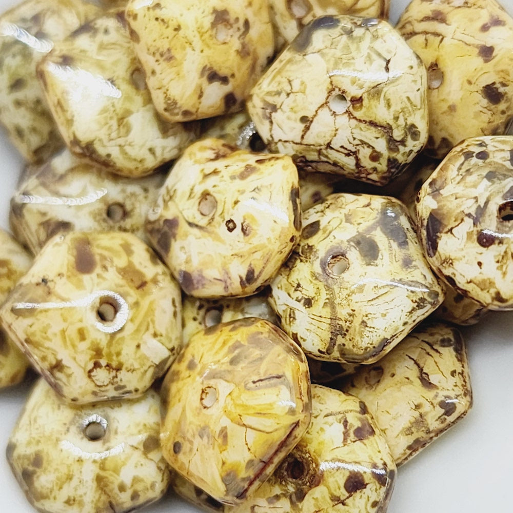 5x12mm Rondelle 100) - Light Cream w. Brown Picasso - Vintage Czech Glass Beads