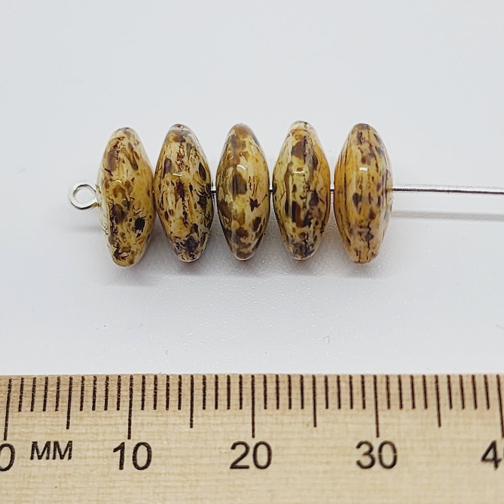 5x12mm Rondelle 100) - Light Cream w. Brown Picasso - Vintage Czech Glass Beads