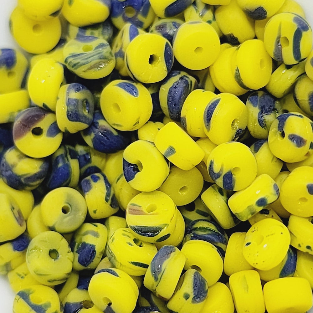 3x5mm Heishi (100) - Yellow/Blue Opaque Swirls - Vintage Czech Glass Beads