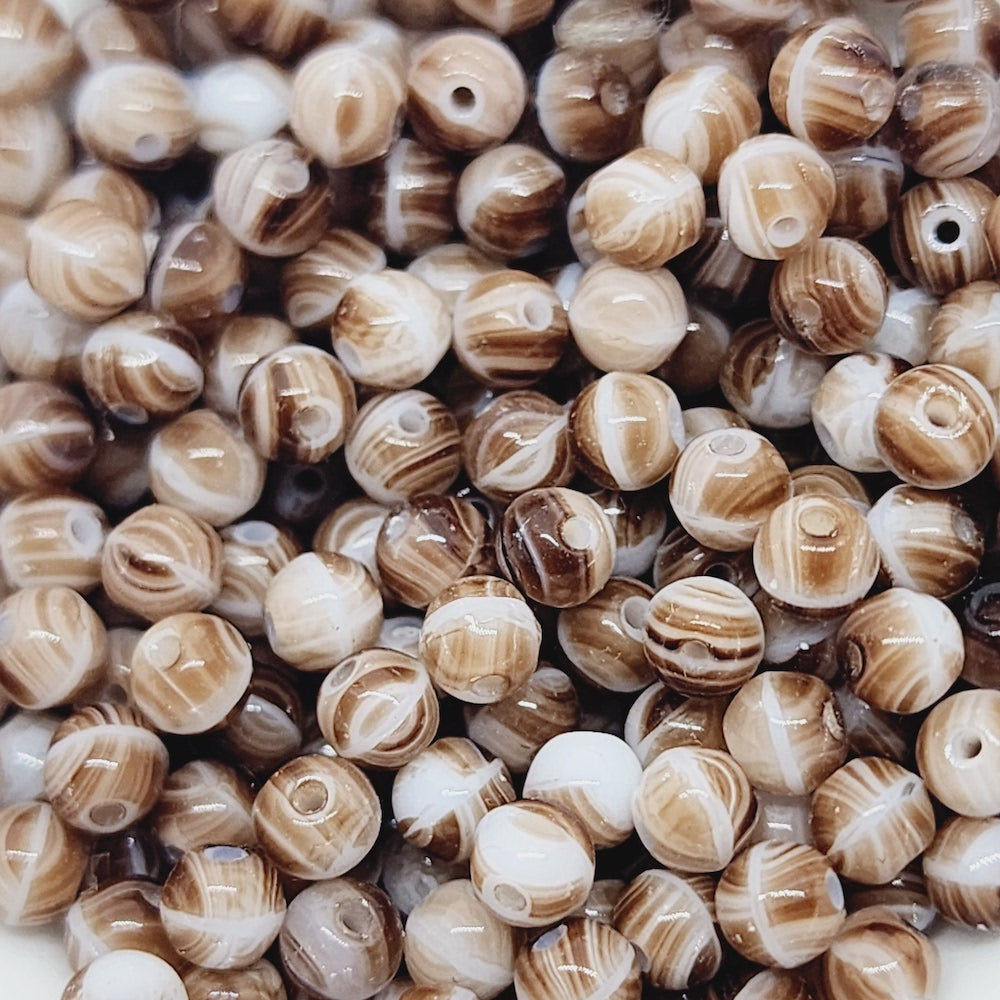 4mm Round Czech Glass Beads (100) - Brown/White Swirl - Bead Shack