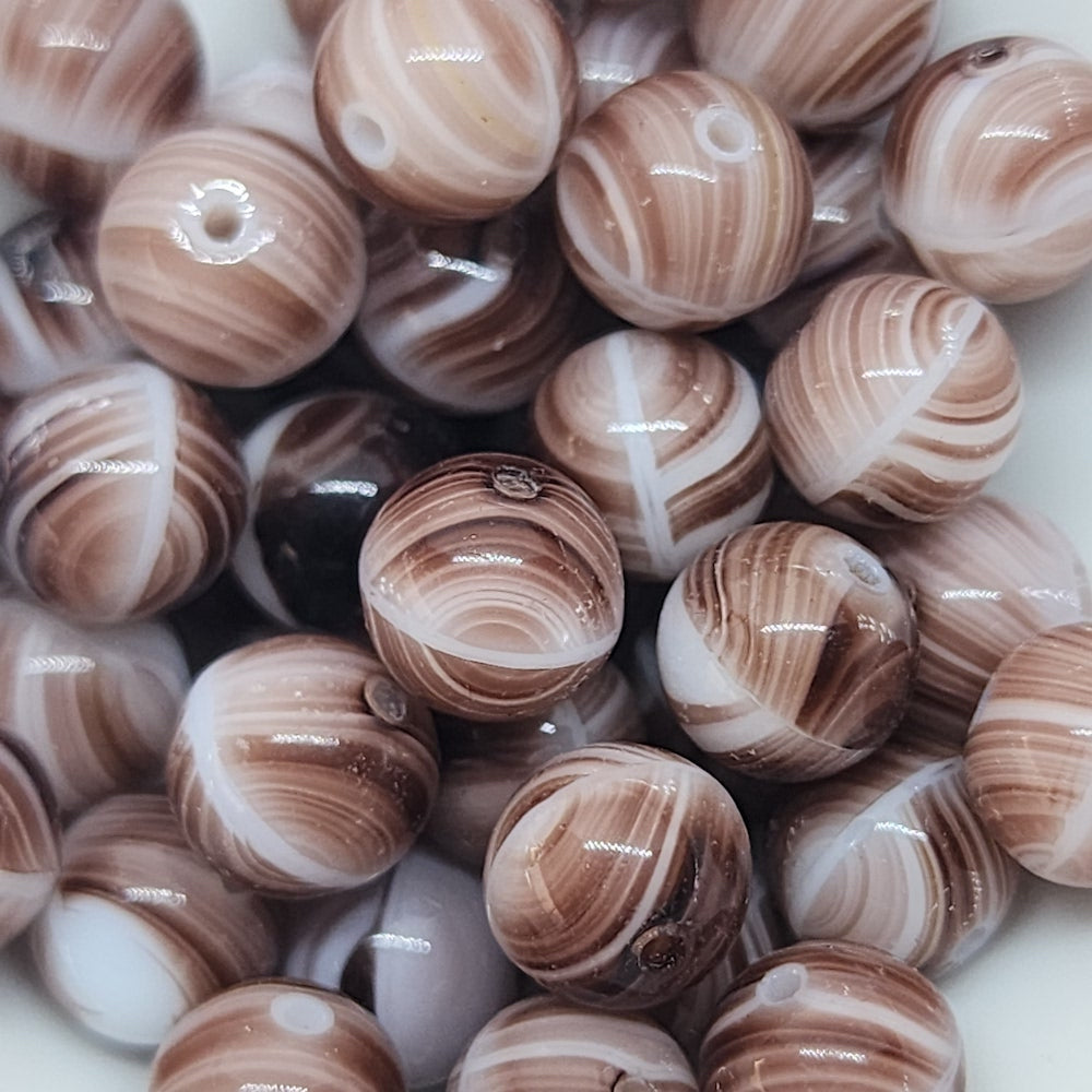 8mm Round (25) - Brown w. White Swirls - Vintage Czech Glass Beads