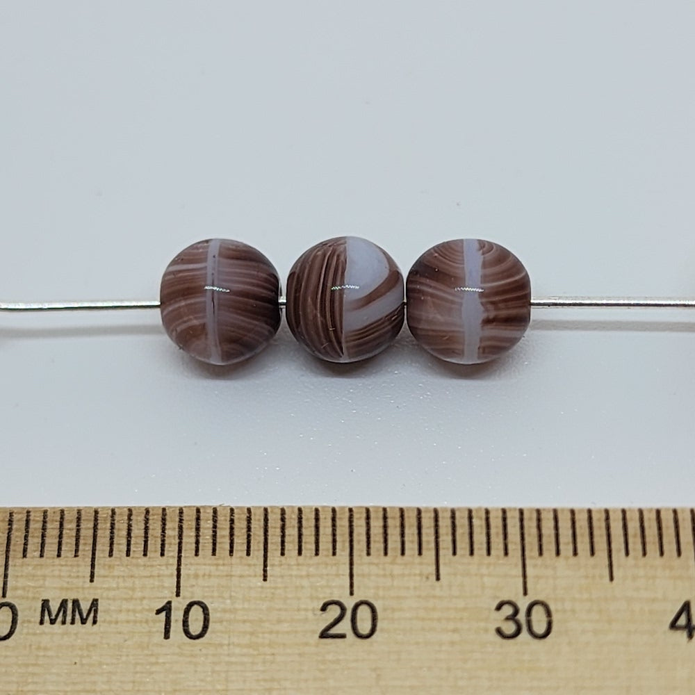 8mm Round (25) - Brown w. White Swirls - Vintage Czech Glass Beads
