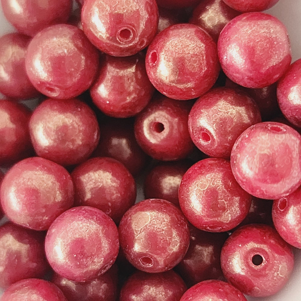 8mm Round (25) - Red Opaque w. Gold Lustre - Vintage Czech Glass Beads