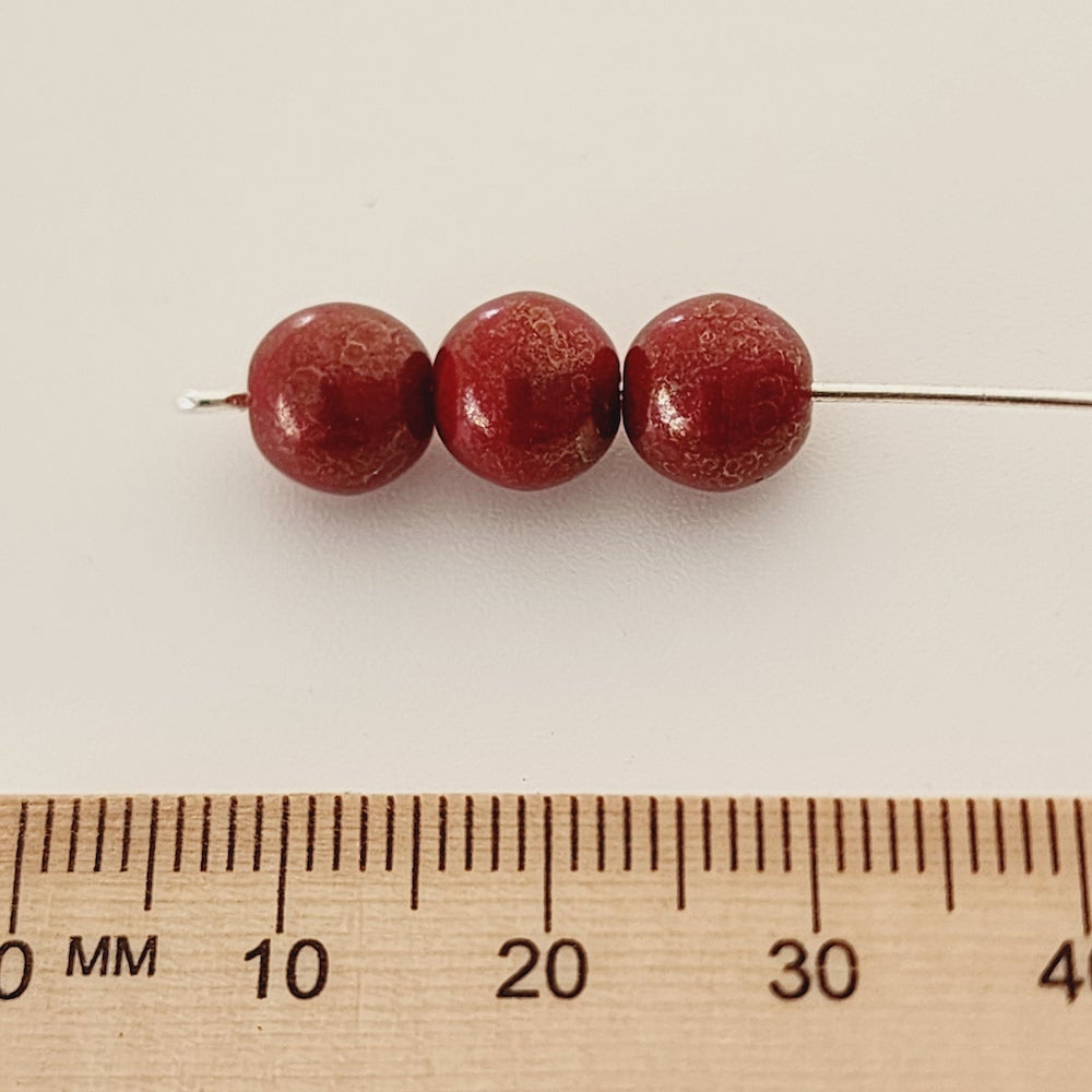 8mm Round (25) - Red Opaque w. Gold Lustre - Vintage Czech Glass Beads