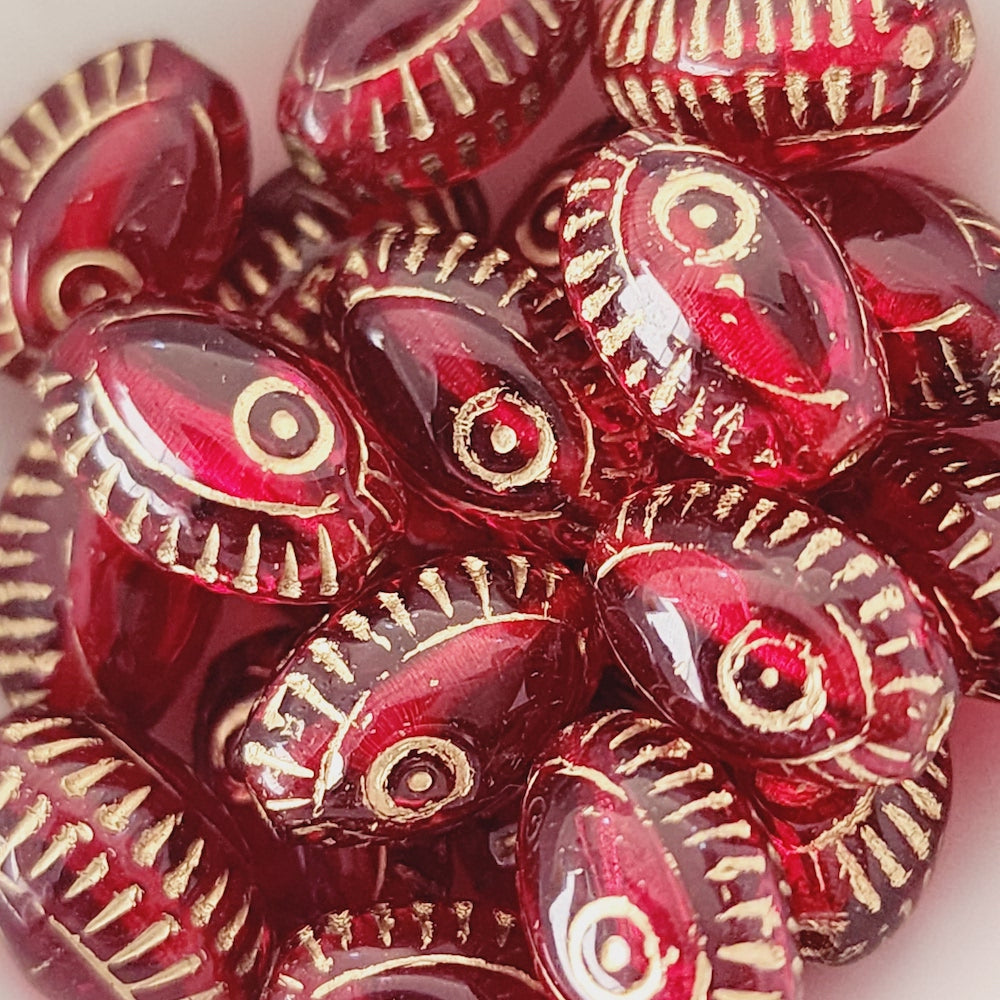 14x10mm Oval (10) - Red Transparent w. Gold - Vintage Czech Glass Beads