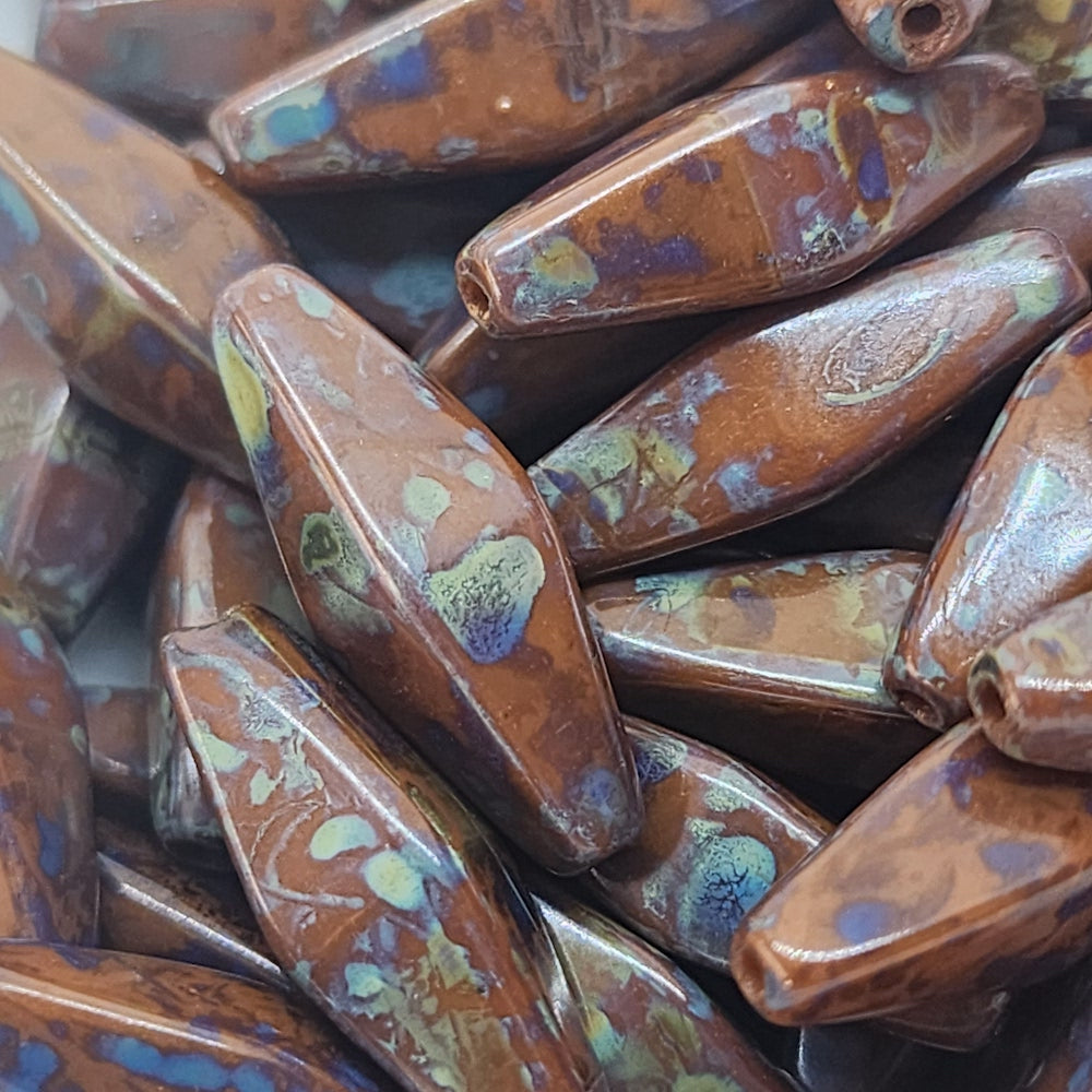 20x7mm Bicone (10) - Brown Picasso - Vintage Czech Glass Beads