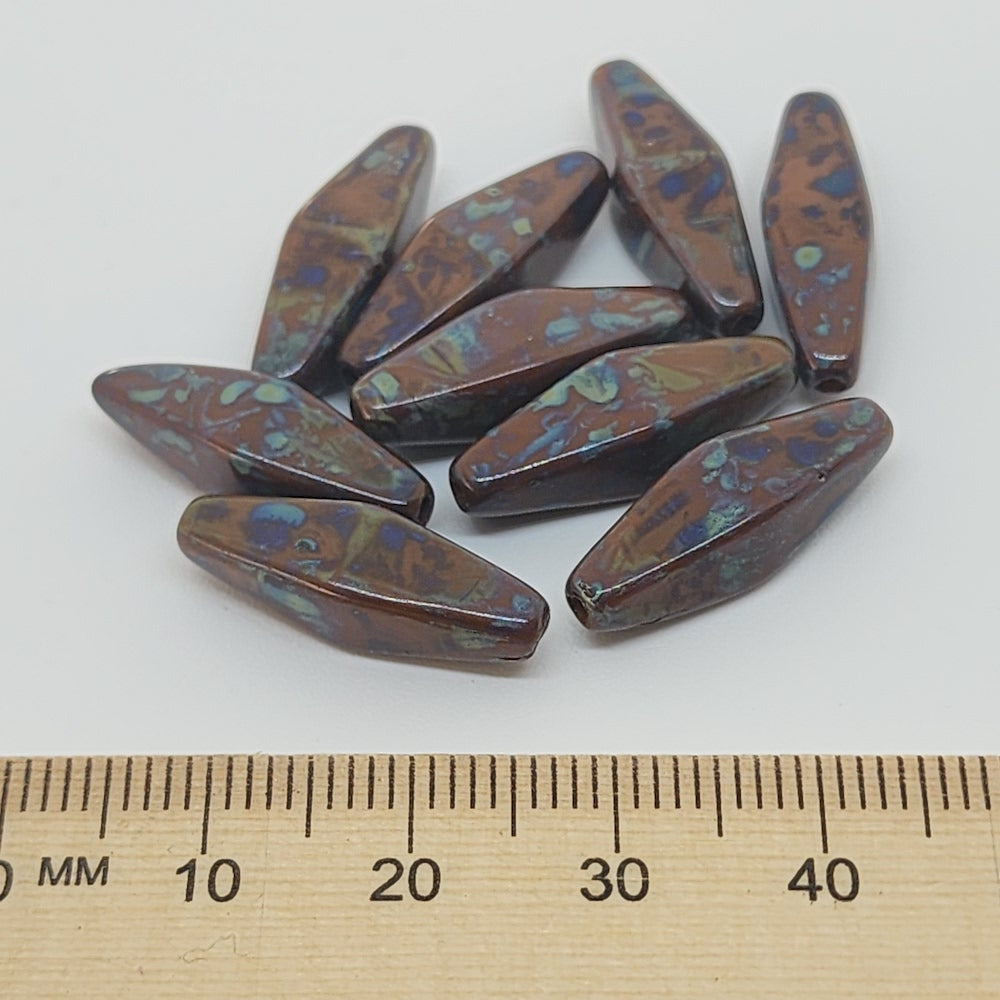 20x7mm Bicone (10) - Brown Picasso - Vintage Czech Glass Beads