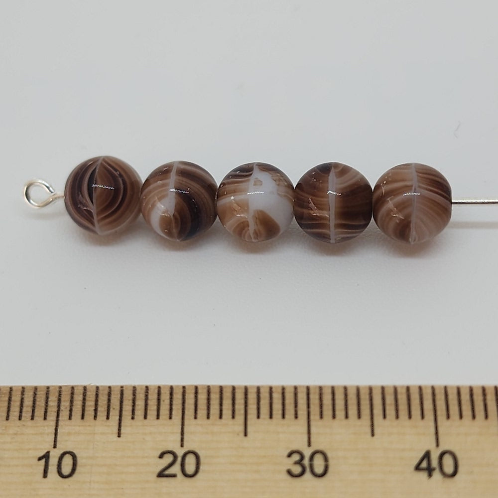 7mm Round (50) - Brown w. White Swirls - Vintage Czech Glass Beads