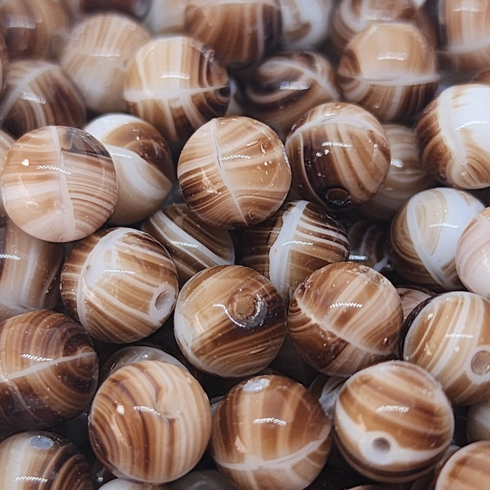 7mm Round (50) - Brown w. White Swirls - Vintage Czech Glass Beads