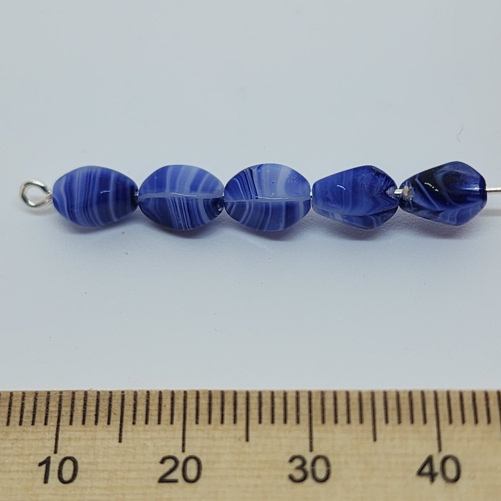 8x6mm Twisted Oval Czech Glass Beads (25) - White w. Blue Swirl - Bead Shack