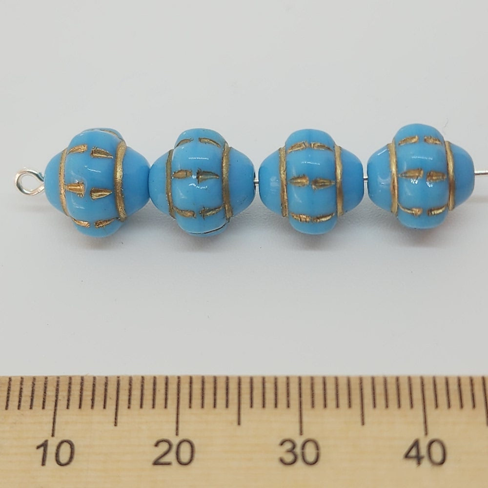 10mm Capped Bicone (10) - Blue Opaque w. Gold - Vintage Czech Glass Beads