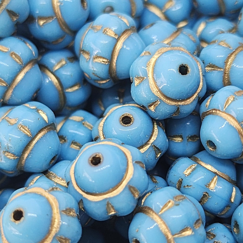 10mm Capped Bicone (10) - Blue Opaque w. Gold - Vintage Czech Glass Beads