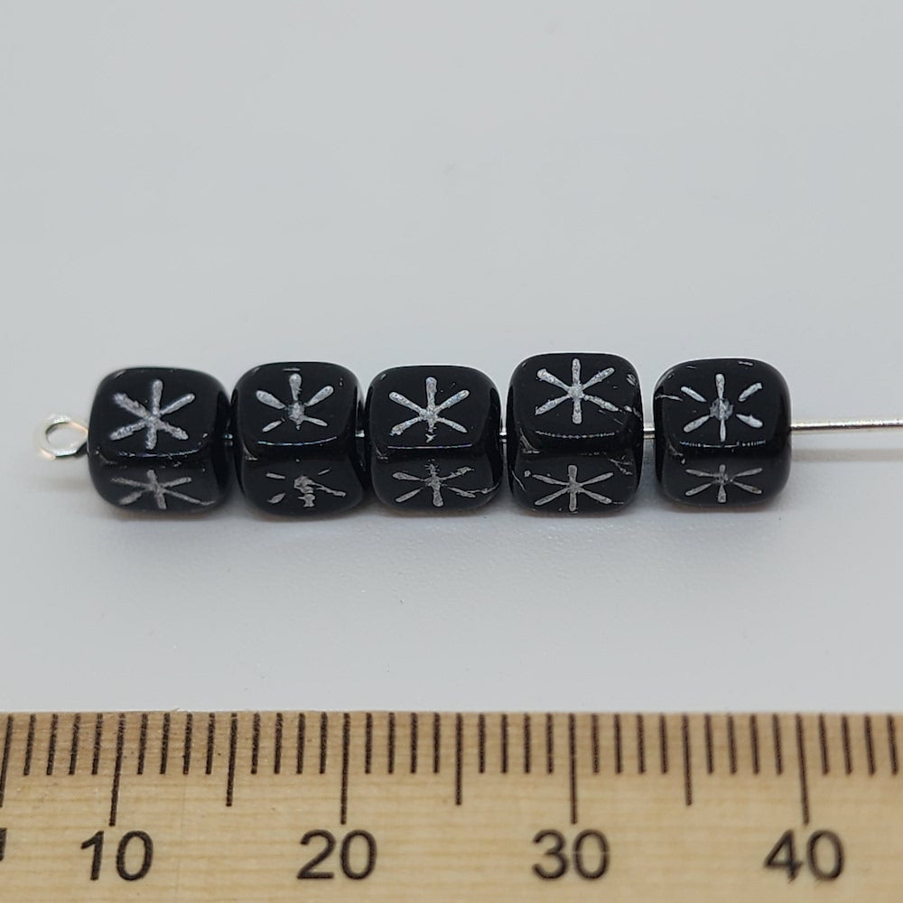 6mm Cube (25) - Black Opaque w. Silver - Vintage Czech Glass Beads
