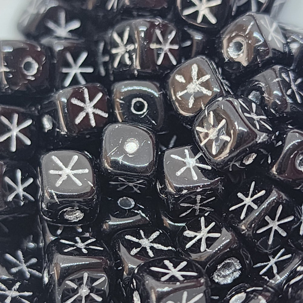 6mm Cube (25) - Black Opaque w. Silver - Vintage Czech Glass Beads