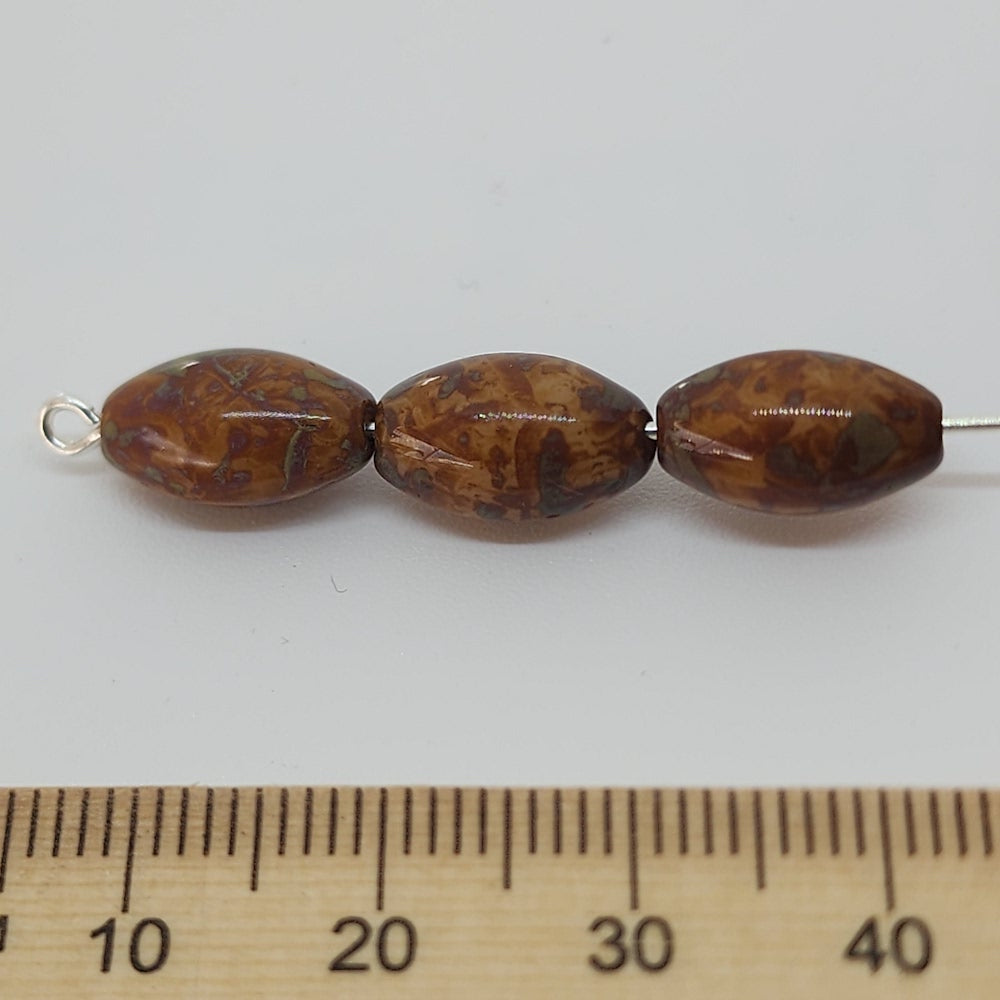 12x7mm Rice (25) - Dark Brown Opaque Mottled - Vintage Czech Glass Beads
