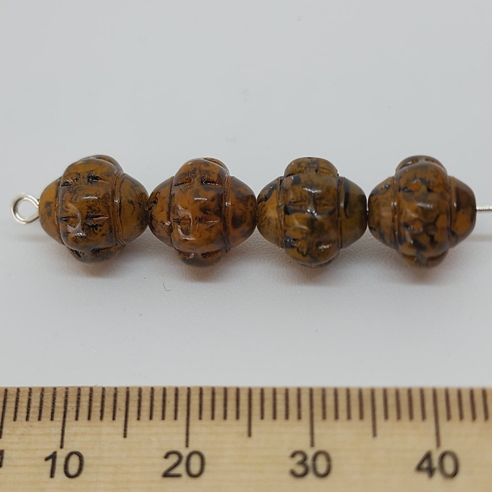10mm Capped Bicone (10) - Dark Brown Opaque Speckled - Vintage Czech Glass Beads