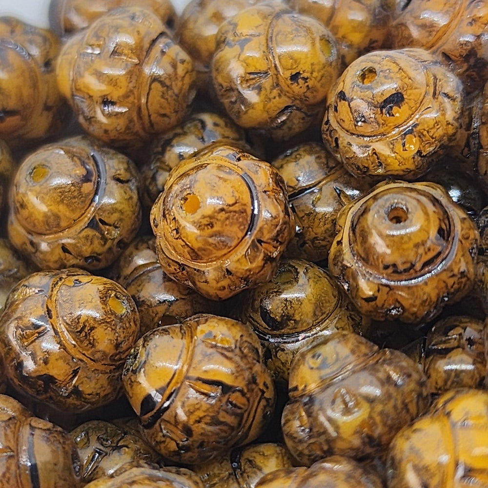 10mm Capped Bicone (10) - Dark Brown Opaque Speckled - Vintage Czech Glass Beads