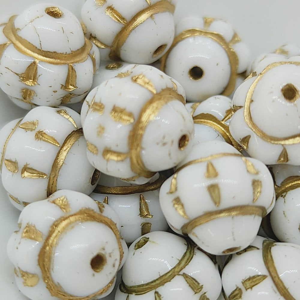 10mm Capped Bicone (10) - White Opaque w. Gold - Vintage Czech Glass Beads