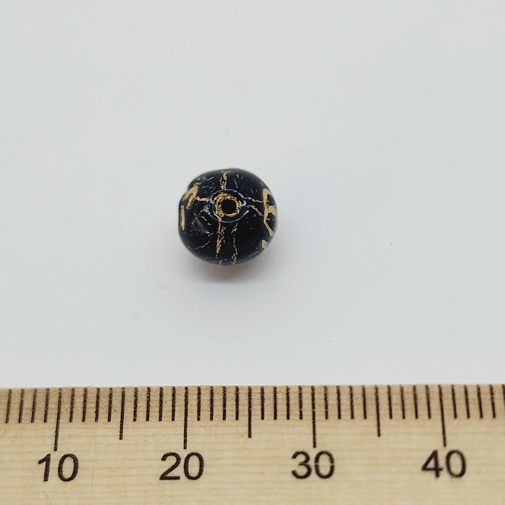 8mm Round (10) - Black Opaque w. Gold - Vintage Czech Glass Beads
