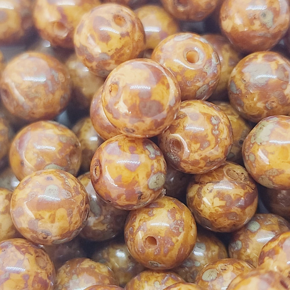 8mm Round (25) - Brown Picasso - Vintage Czech Glass Beads