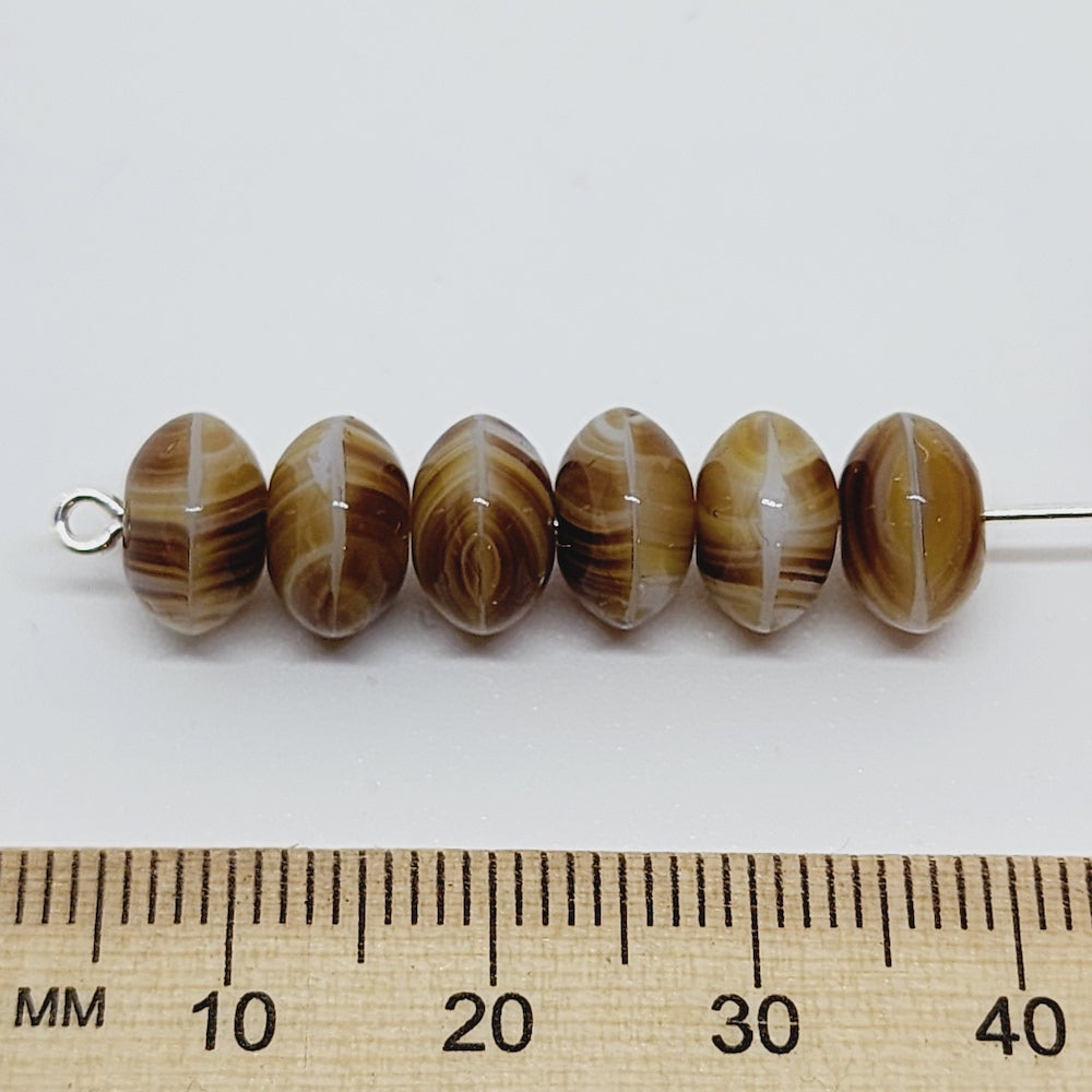6x9mm Rondelle (100) - Brown w. White Swirl - Vintage Czech Glass Beads