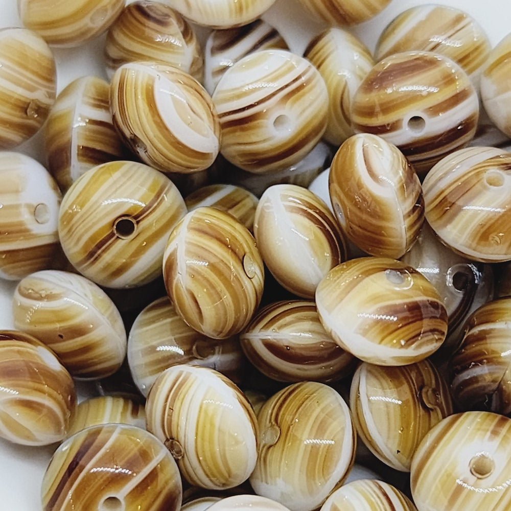 6x9mm Rondelle (25) - Brown w. White Swirl - Vintage Czech Glass Beads
