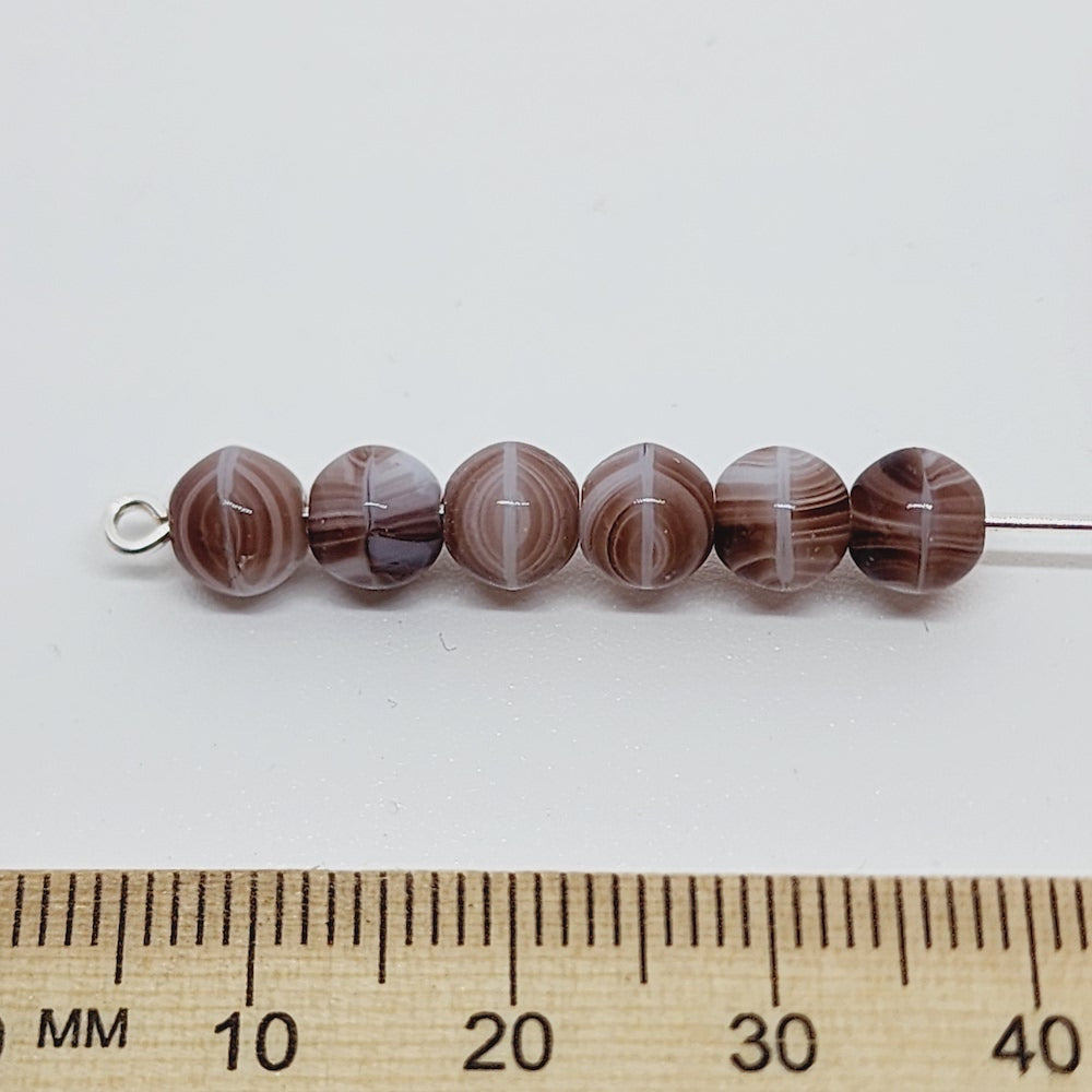 6mm Round (50) - Brown w. White Swirls - Vintage Czech Glass Beads