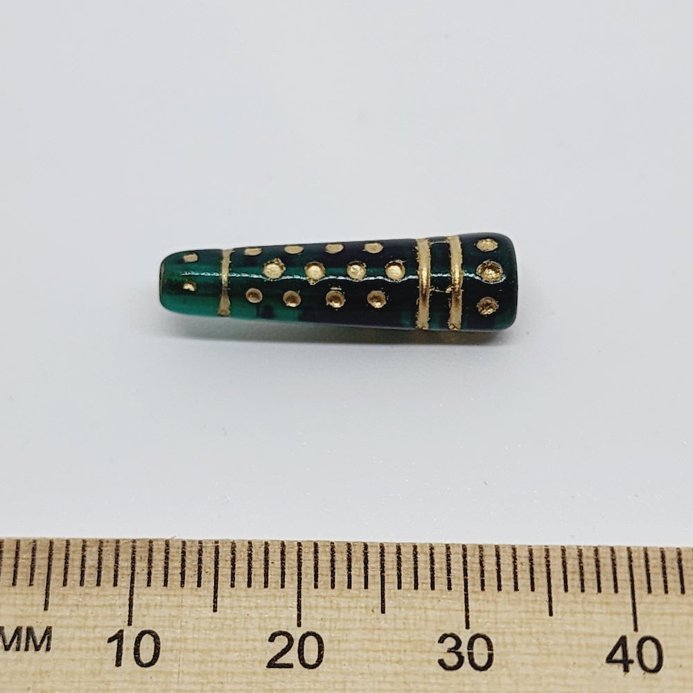 13x7mm Cone (10) - Emerald Transparent w. Gold - Vintage Czech Glass Beads