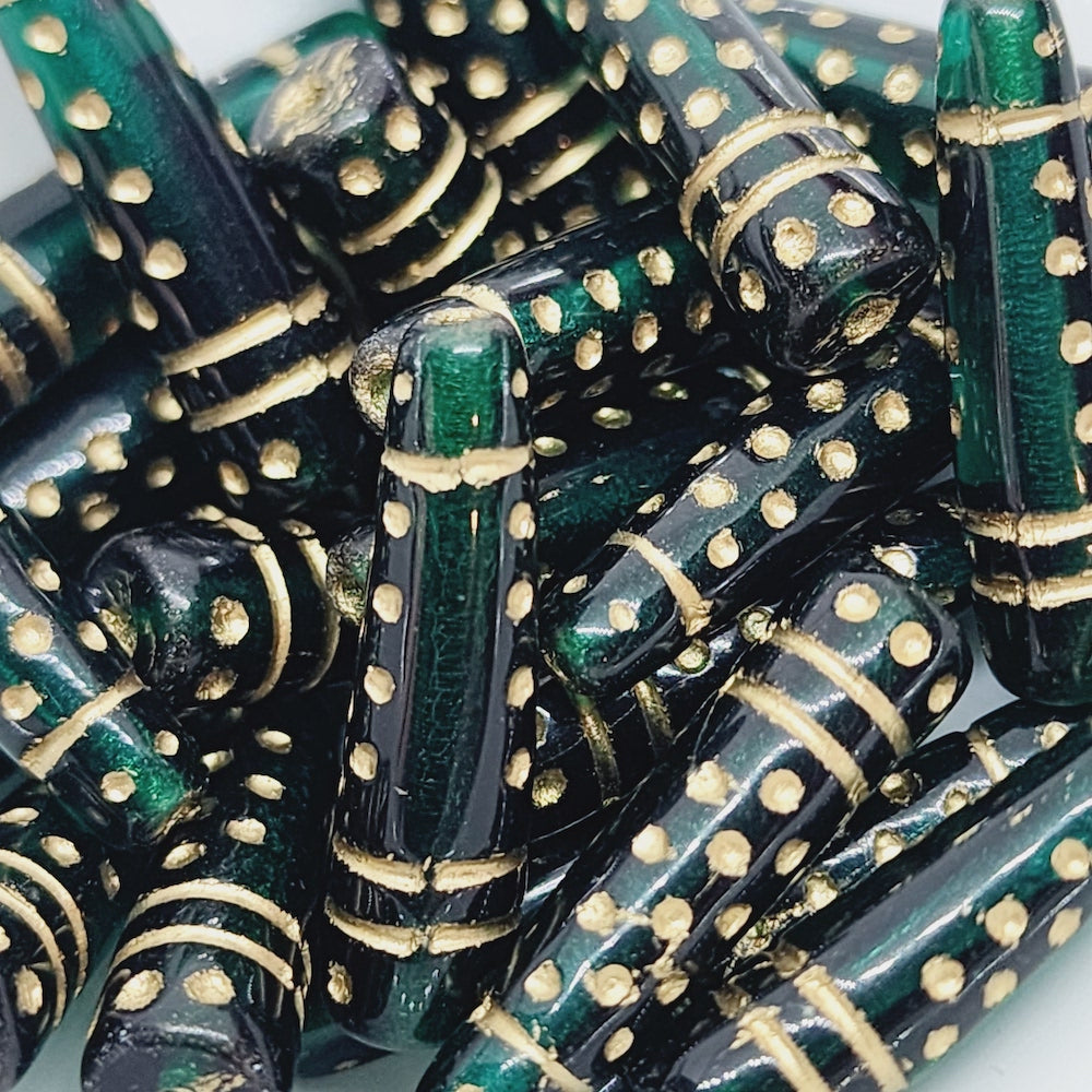 13x7mm Cone (10) - Emerald Transparent w. Gold - Vintage Czech Glass Beads