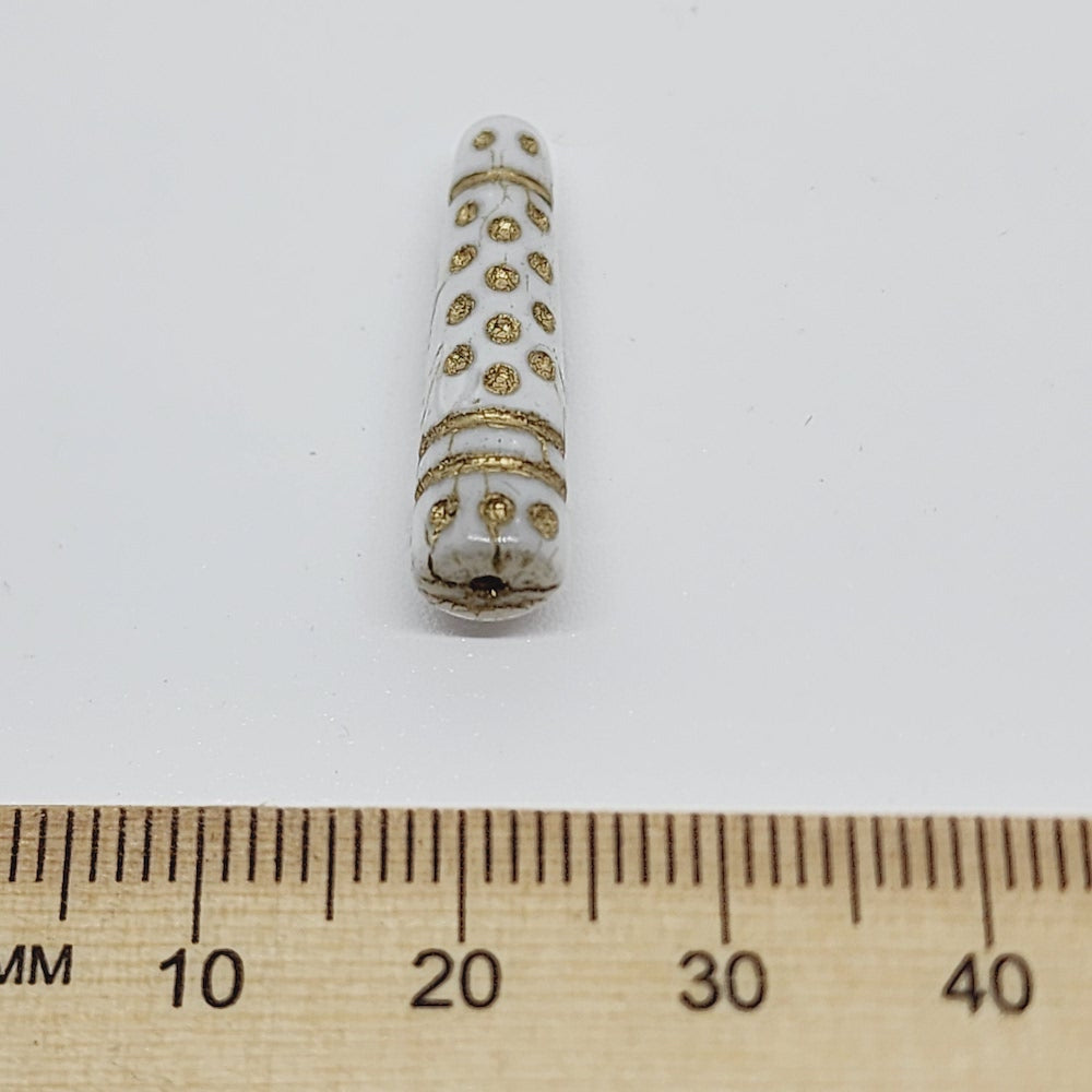 13x7mm Cone (10) - White w. Gold - Vintage Czech Glass Beads