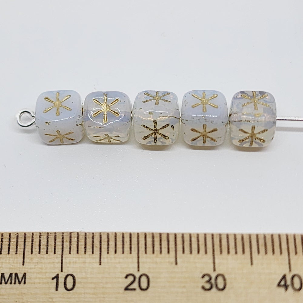 6mm Cube (25) - Opalite w. Gold - Vintage Czech Glass Beads