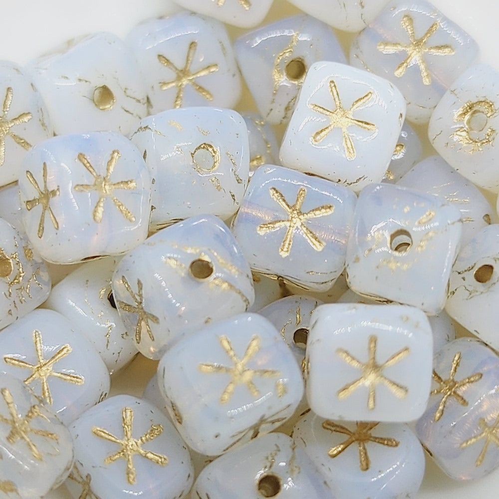 6mm Cube (25) - Opalite w. Gold - Vintage Czech Glass Beads