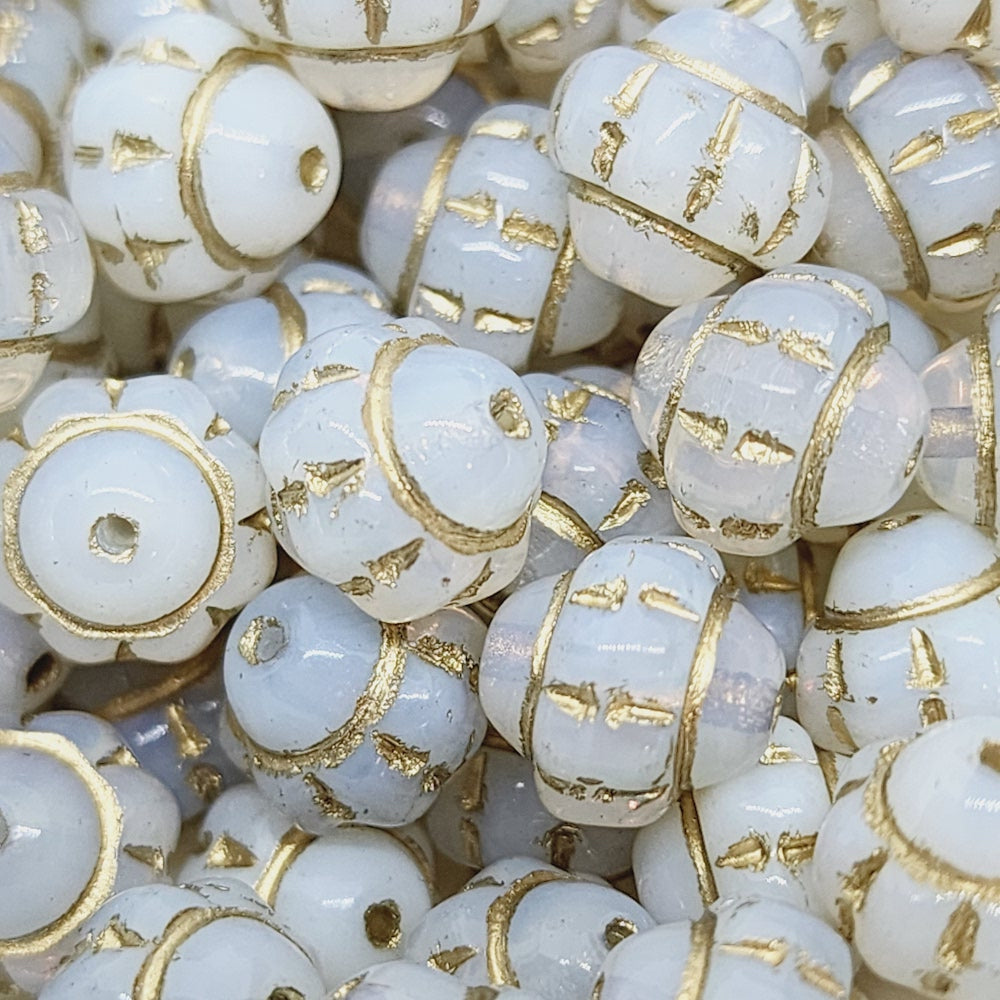 10mm Capped Bicone (10) - Milky Blue Opaque w. Gold - Vintage Czech Glass Beads