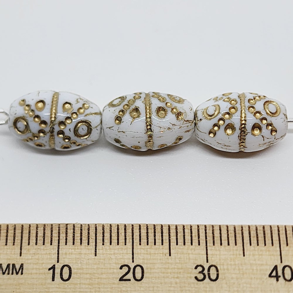 14x8mm Cone (10) - White Opaque w. Gold - Vintage Czech Glass Beads