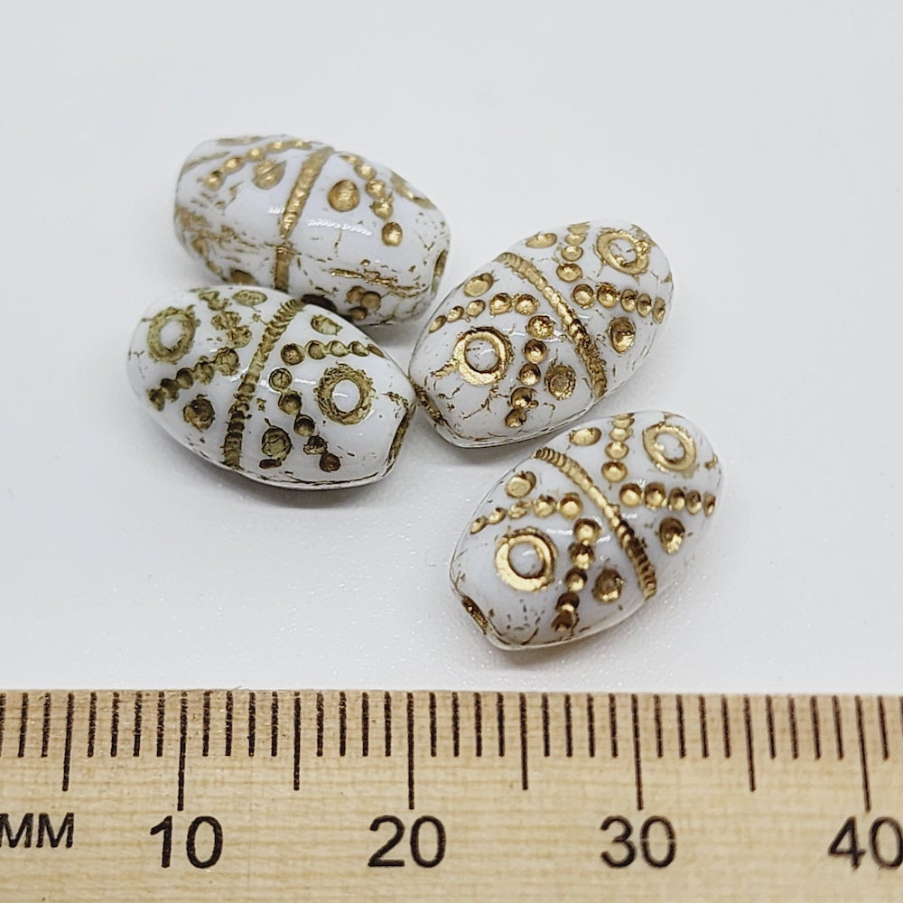 14x8mm Cone (10) - White Opaque w. Gold - Vintage Czech Glass Beads