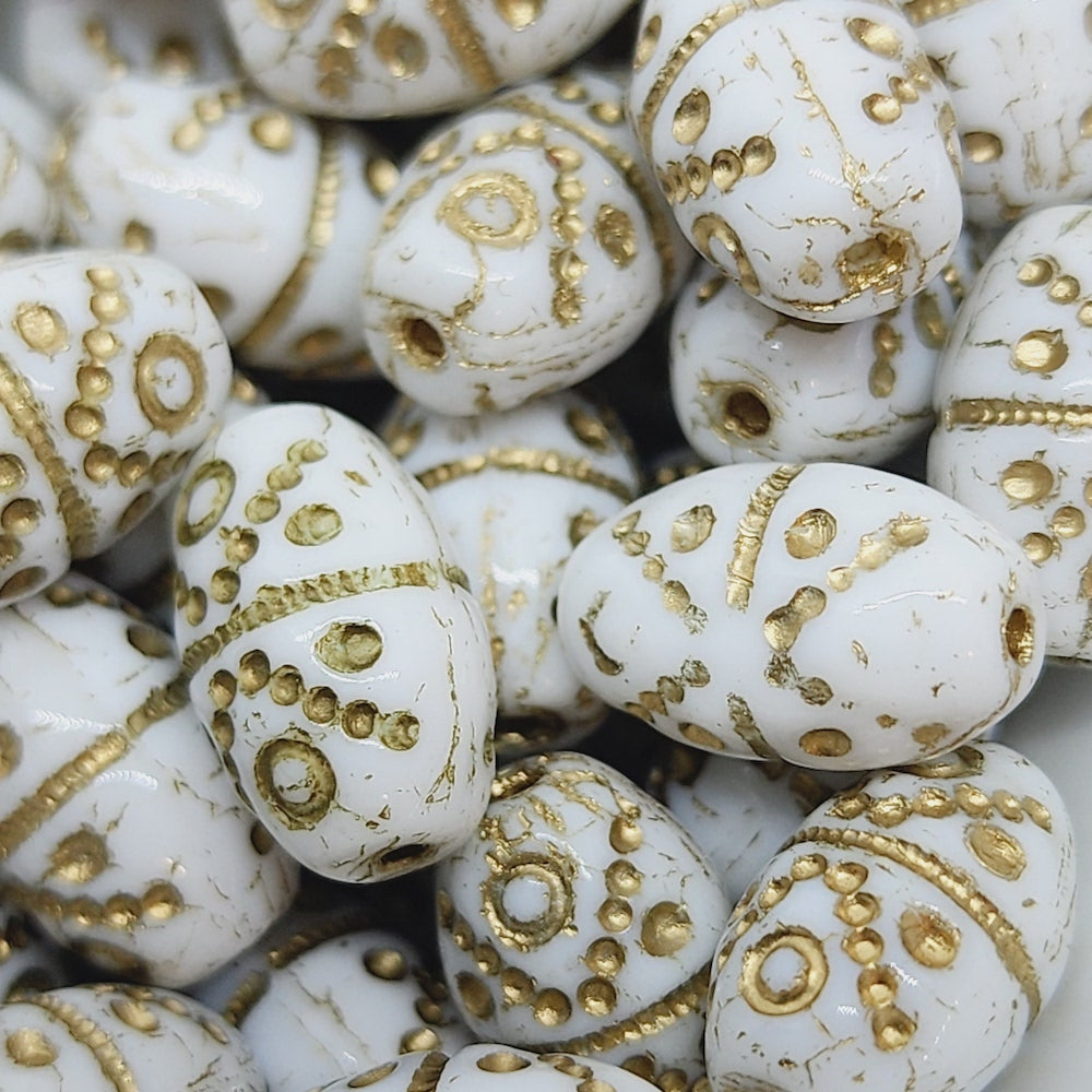 14x8mm Cone (10) - White Opaque w. Gold - Vintage Czech Glass Beads