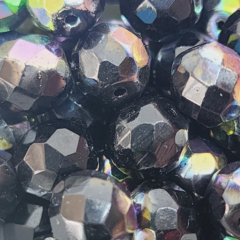 8mm Fire Polish (100) - Jet Marquisite - Vintage Czech Glass Beads